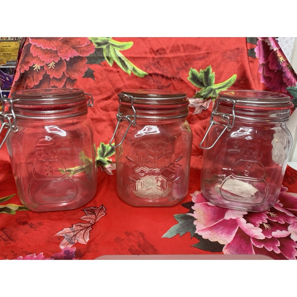 Anchor Hocking Christmas Glass Canister Jar Set Snowman Snowflake 38oz‎ Lot of 3